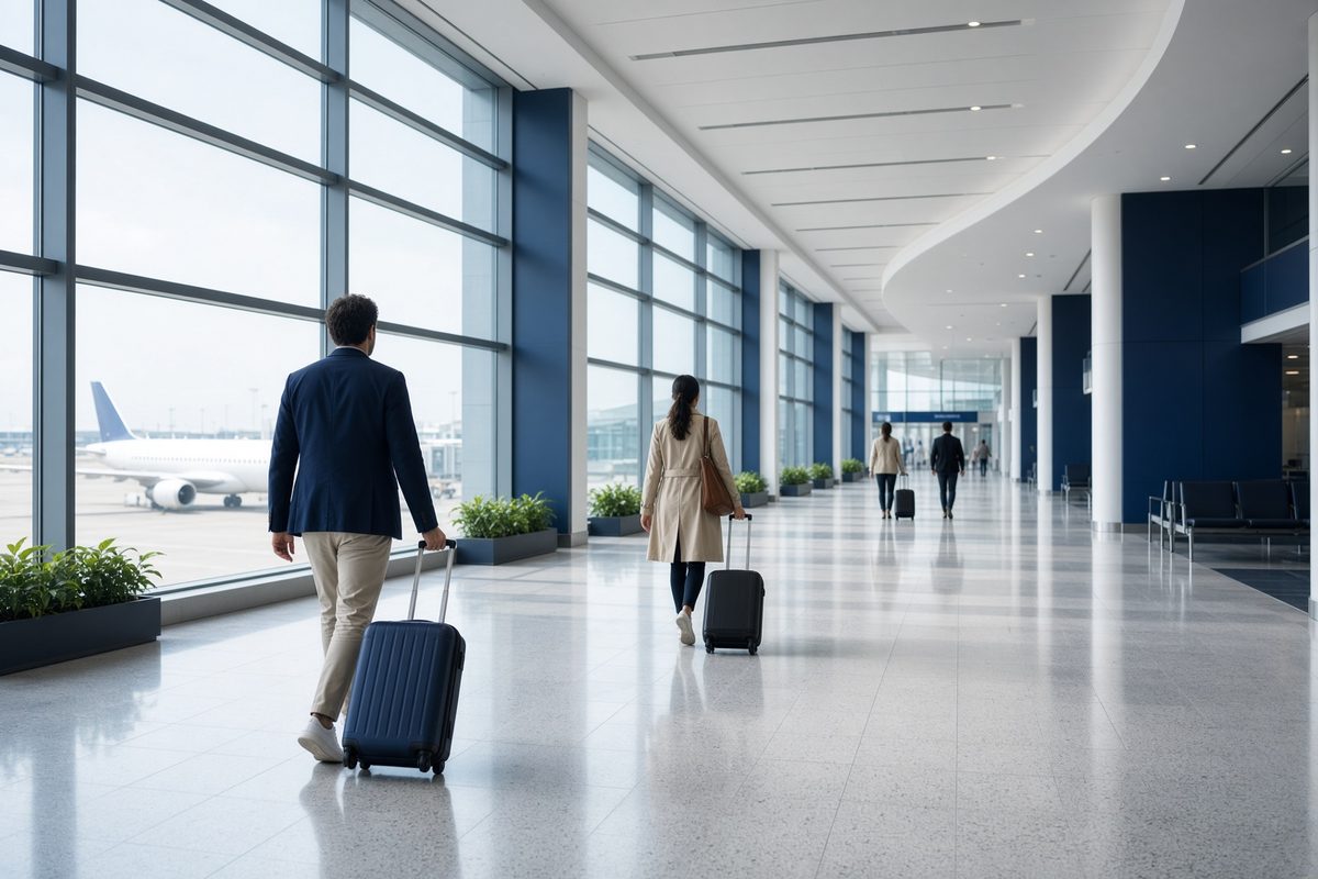 Travellers in a bright airport departure hall