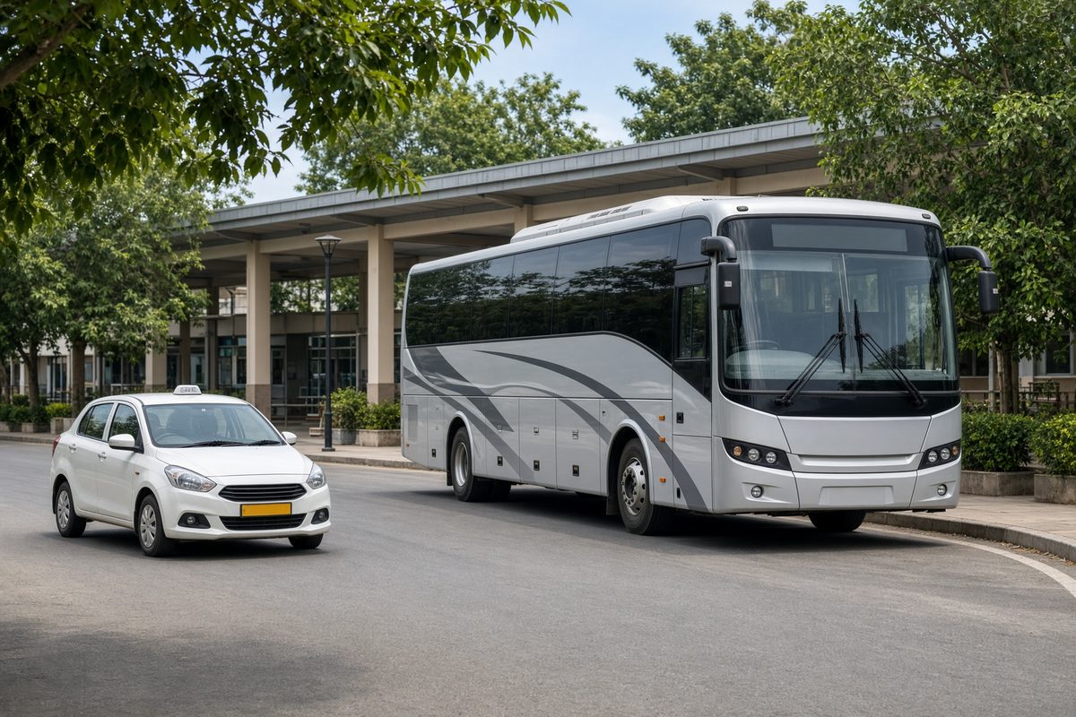 A coach bus and a taxi at a city transport stop