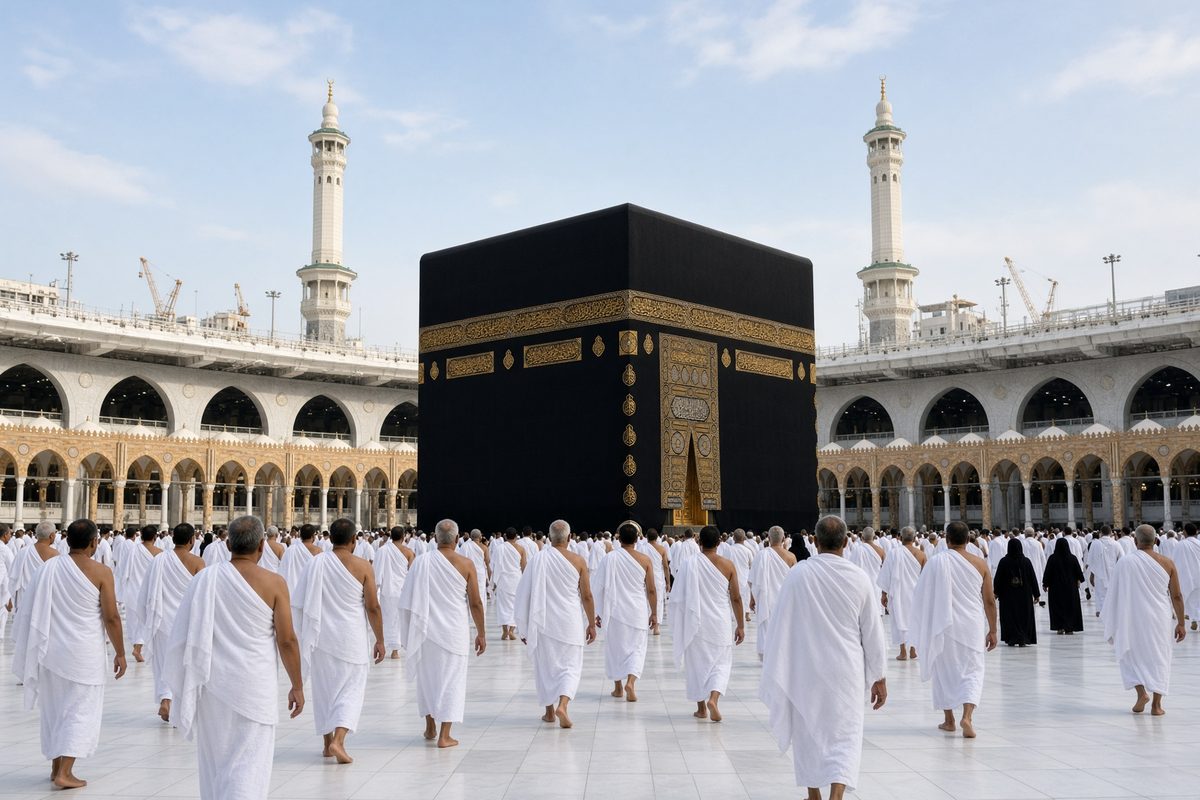 The Kaaba in Mecca with pilgrims in white